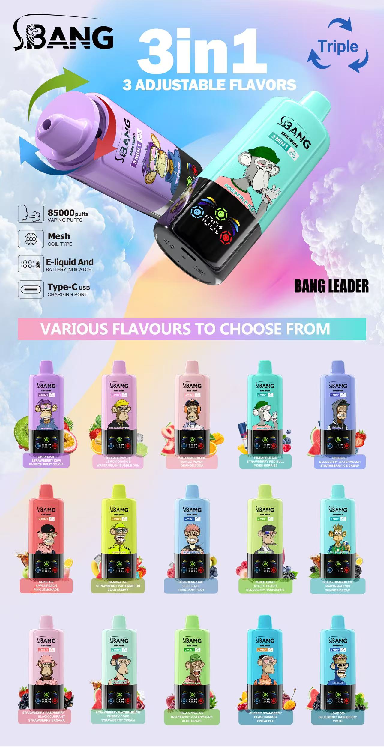 Bang Leader 85000 Puffs 3-in-1 Flavors Disposable Vape all Flavors