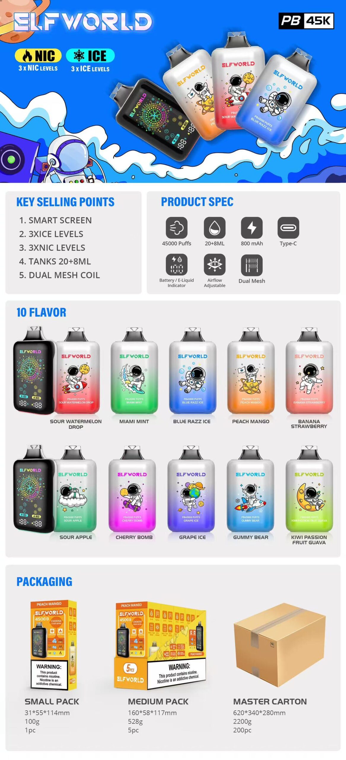 Elfworld Pb 45K Puffs Adjustable Nicotine and Ice Disposable Vape Flavors 