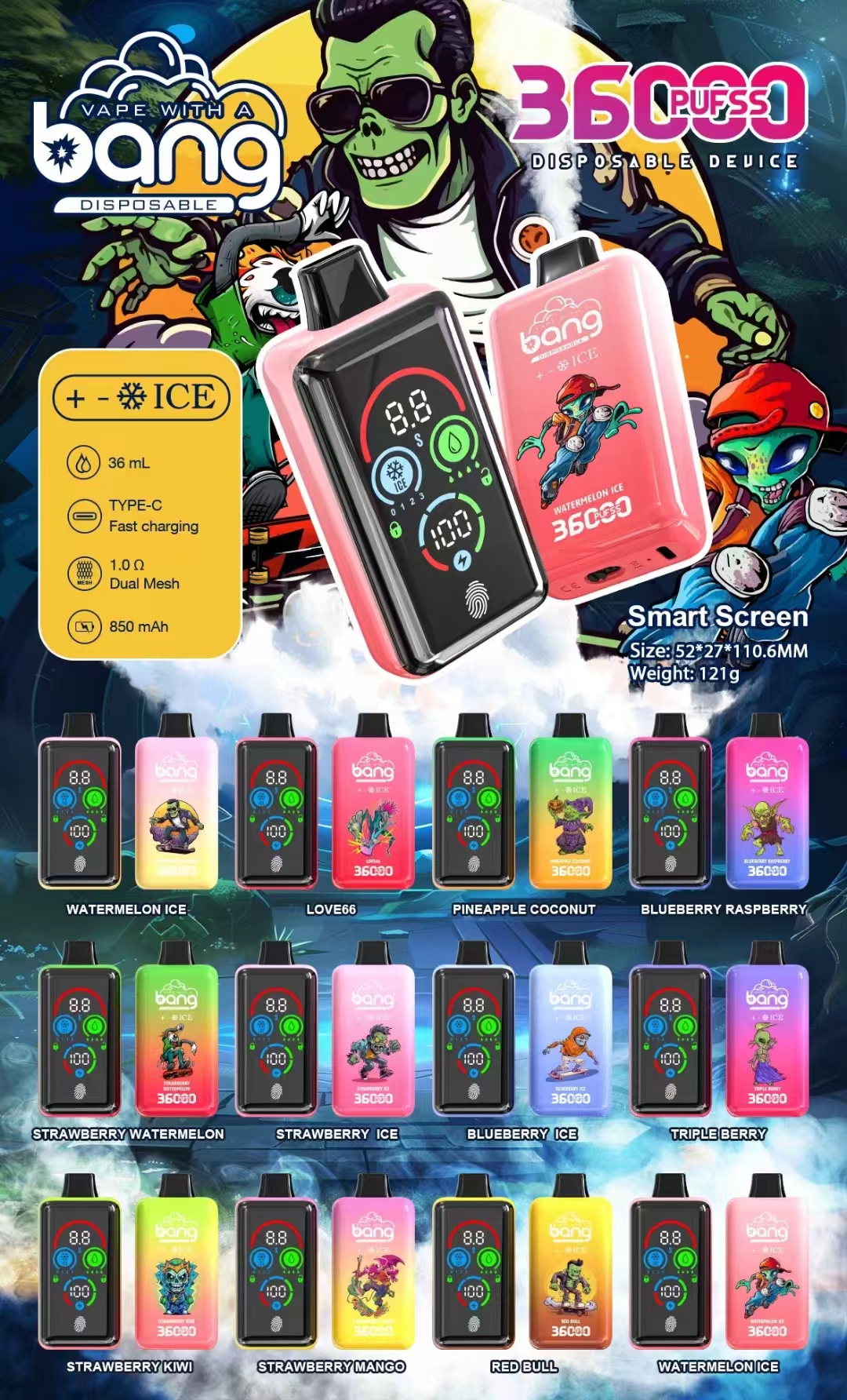 36K パフ アジャスタブル ICE スマート フルスクリーン 使い捨て Vape フレーバー