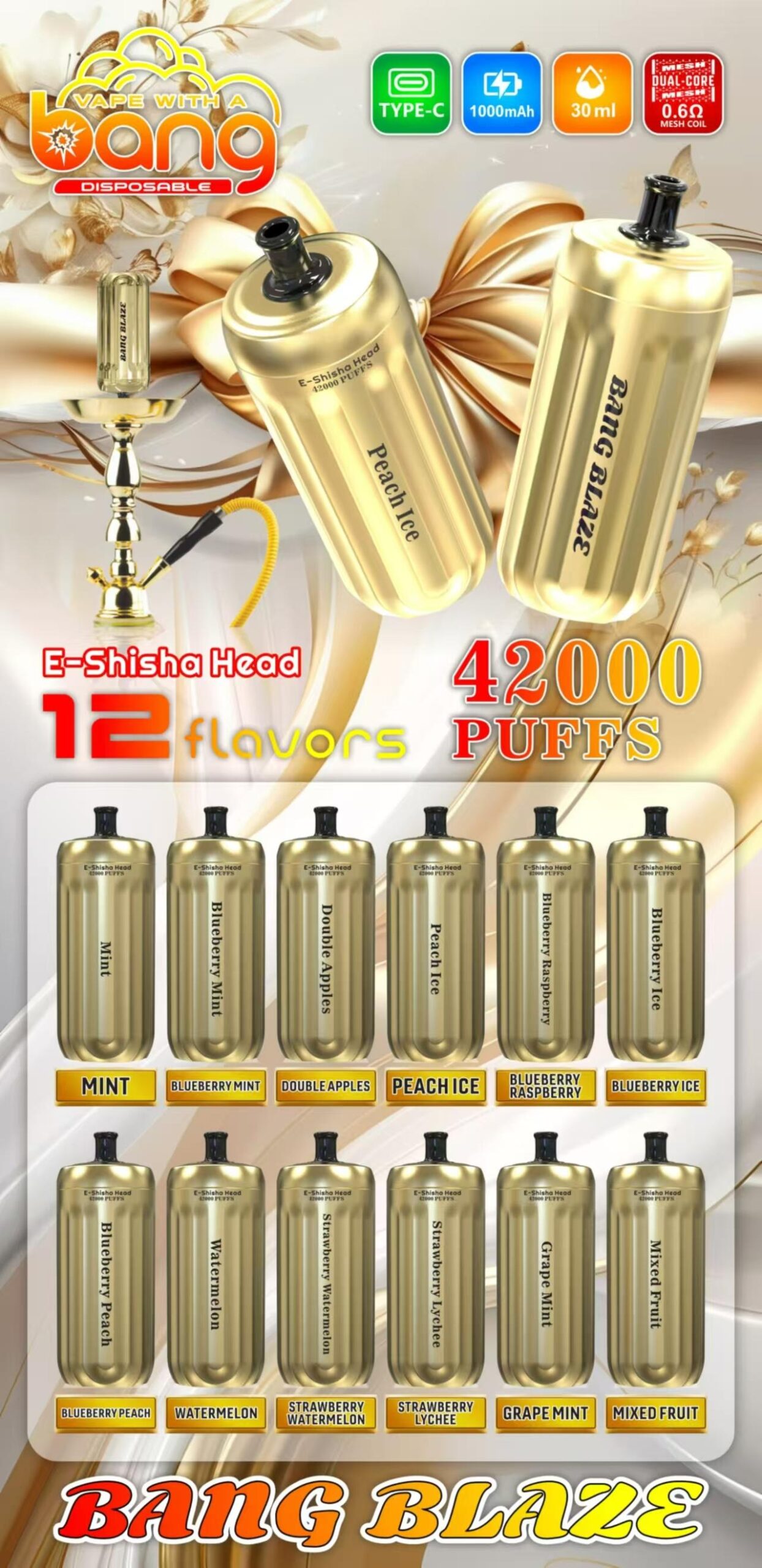 Bang E-Shisha Head 42K Puffs Gold Disposable Vape Flavors