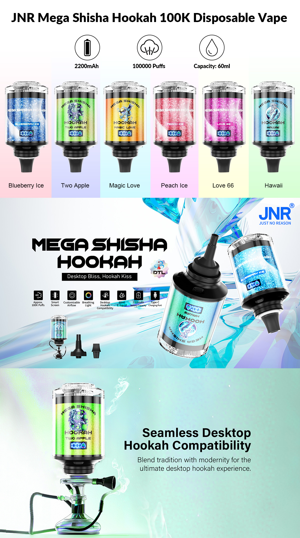 JNR Mega Shisha Hookah 100K Puffs Disposable Vape Flavors