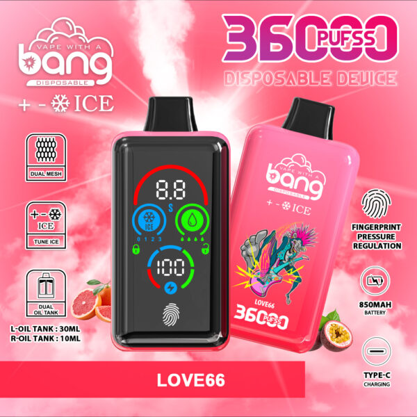 Bang 36K Puffs Adjustable Ice Smart Full Screen Disposable Vape 36ml 0-5% Nicotine