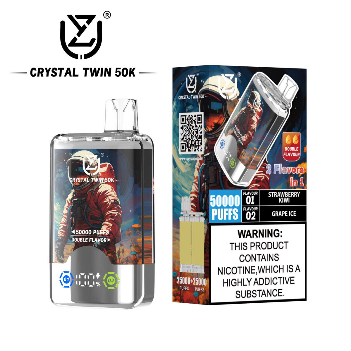 UZY Crystal Twin 50000 Puffs Double Flavor Disposable Vape Strawberry-Kiwi-Grape-Ice