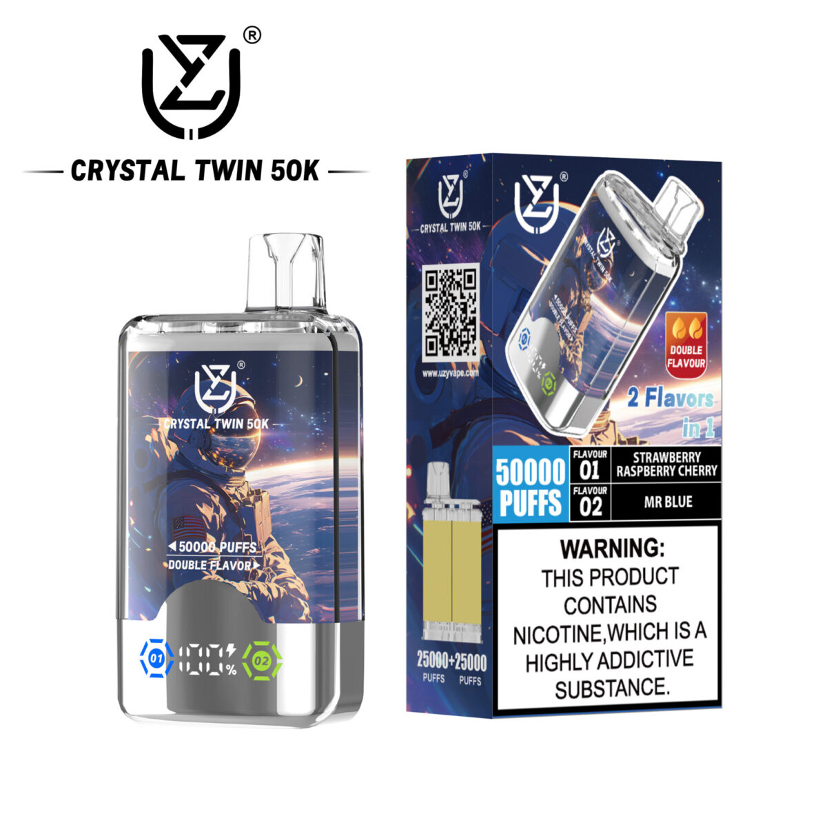 UZY Crystal Twin 50000 Puffs Double Flavor Disposable Vape Strawberry-Raspberry-CherryMr-Blue