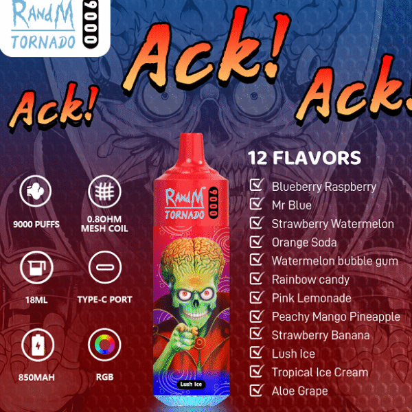 RANDM Tornado 9000 Puffs Einweg Vape 18ml 0-5% Nikotin Typ-C wiederaufladbar