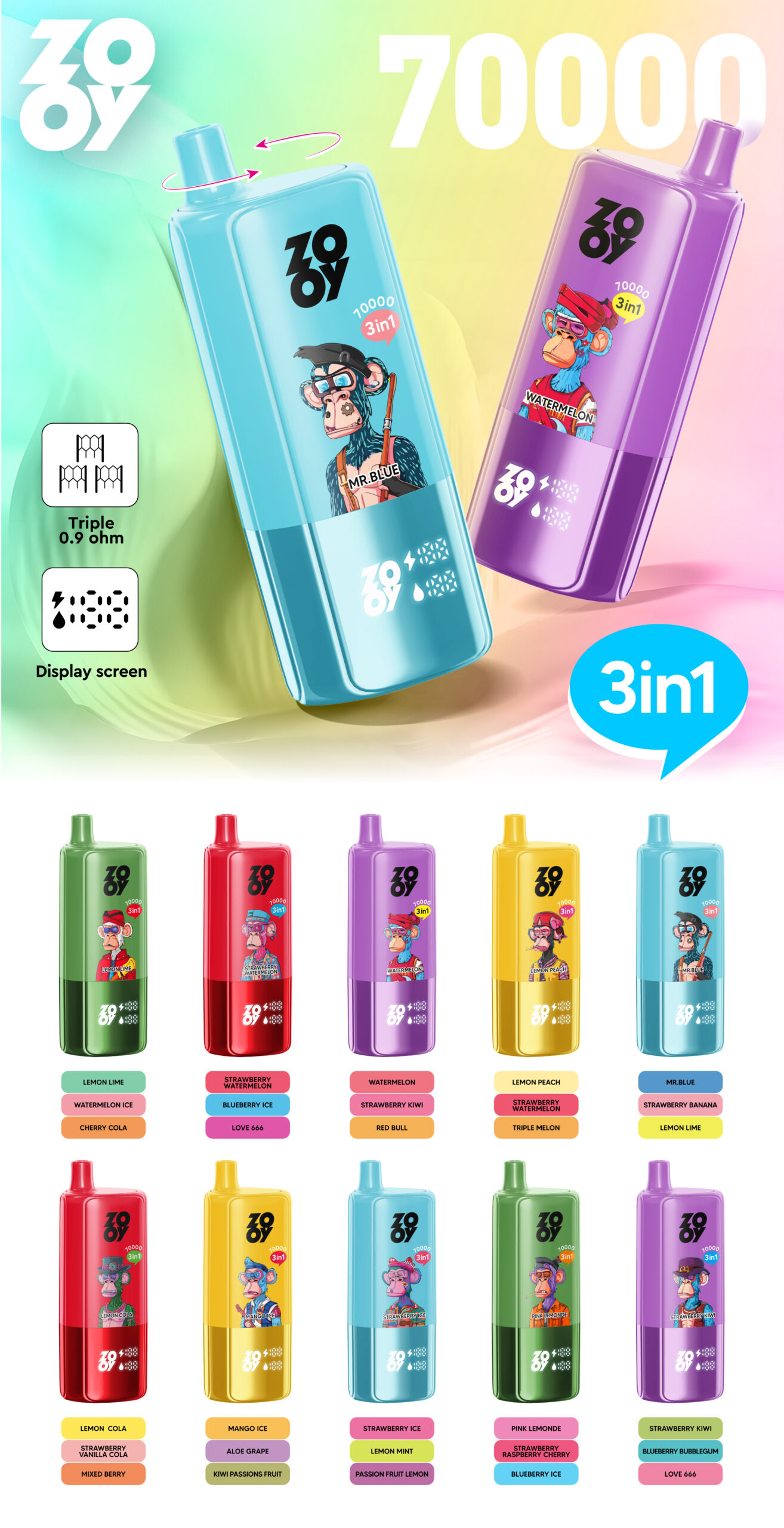 ZOOY Triple 70000 Puffs 3-in-1 Flavors Disposable Vape Flavors