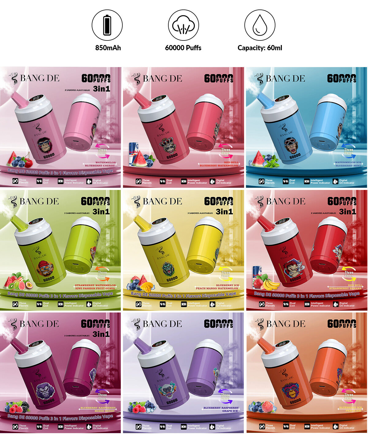 Bang De 60K Puffs 3-in-1 Disposable Vape Flavors