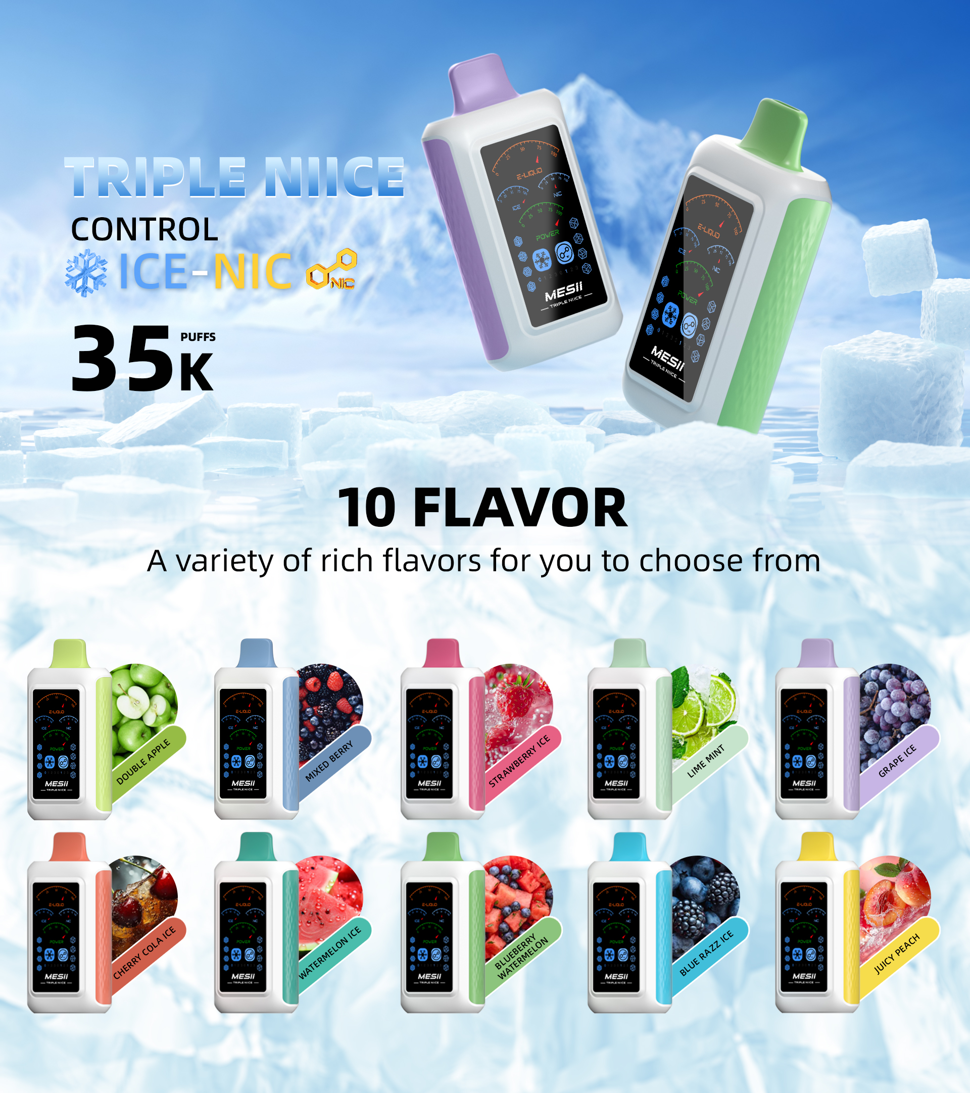 Mesii Triple NIICE 35000 35K Puffs Adjustable Nicotine and Ice Disposable Vape Flavors