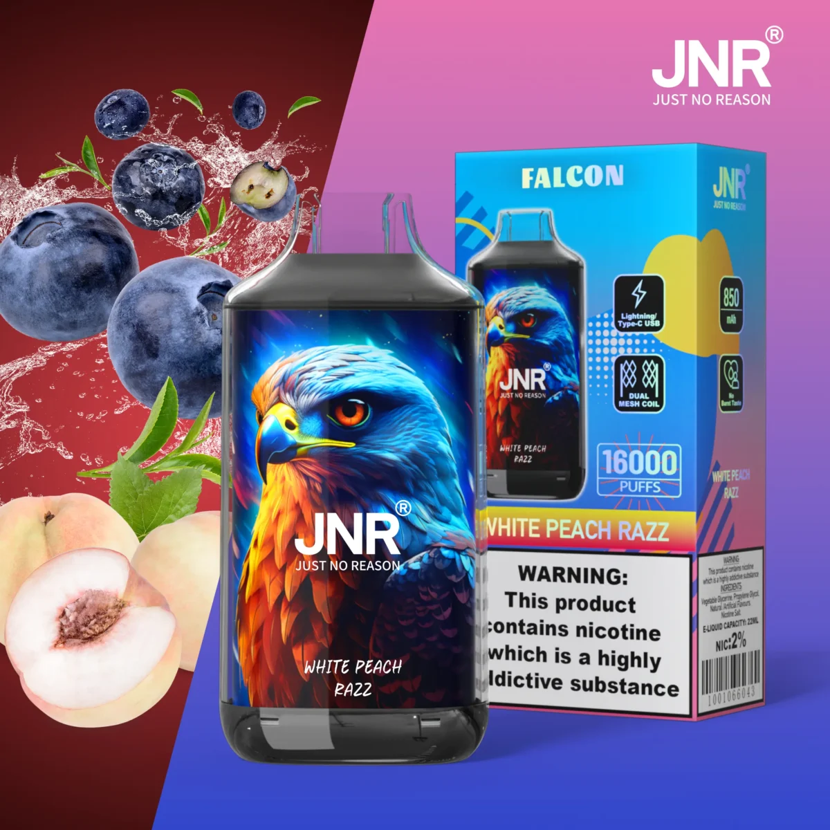 JNR Falcon 16000 Puffs Disposable Vape 22ml 2%-5% Nicotine Type-C Rechargeable - obrazek 3