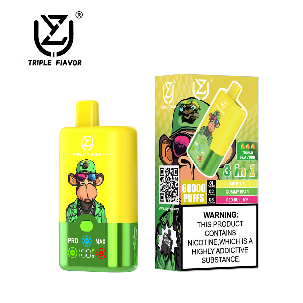 UZY Triple Flavors 60000 Puffs Disposable Vape 54ml 0-5% Nicotine LED Display - Image 2