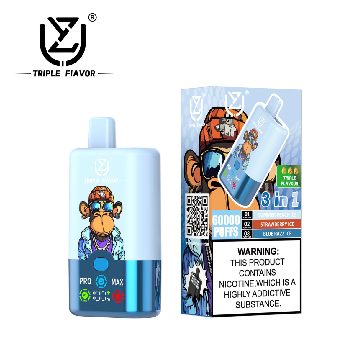 UZY Triple Flavors 60000 Puffs Disposable Vape 54ml 0-5% Nicotine LED Display - Image 4