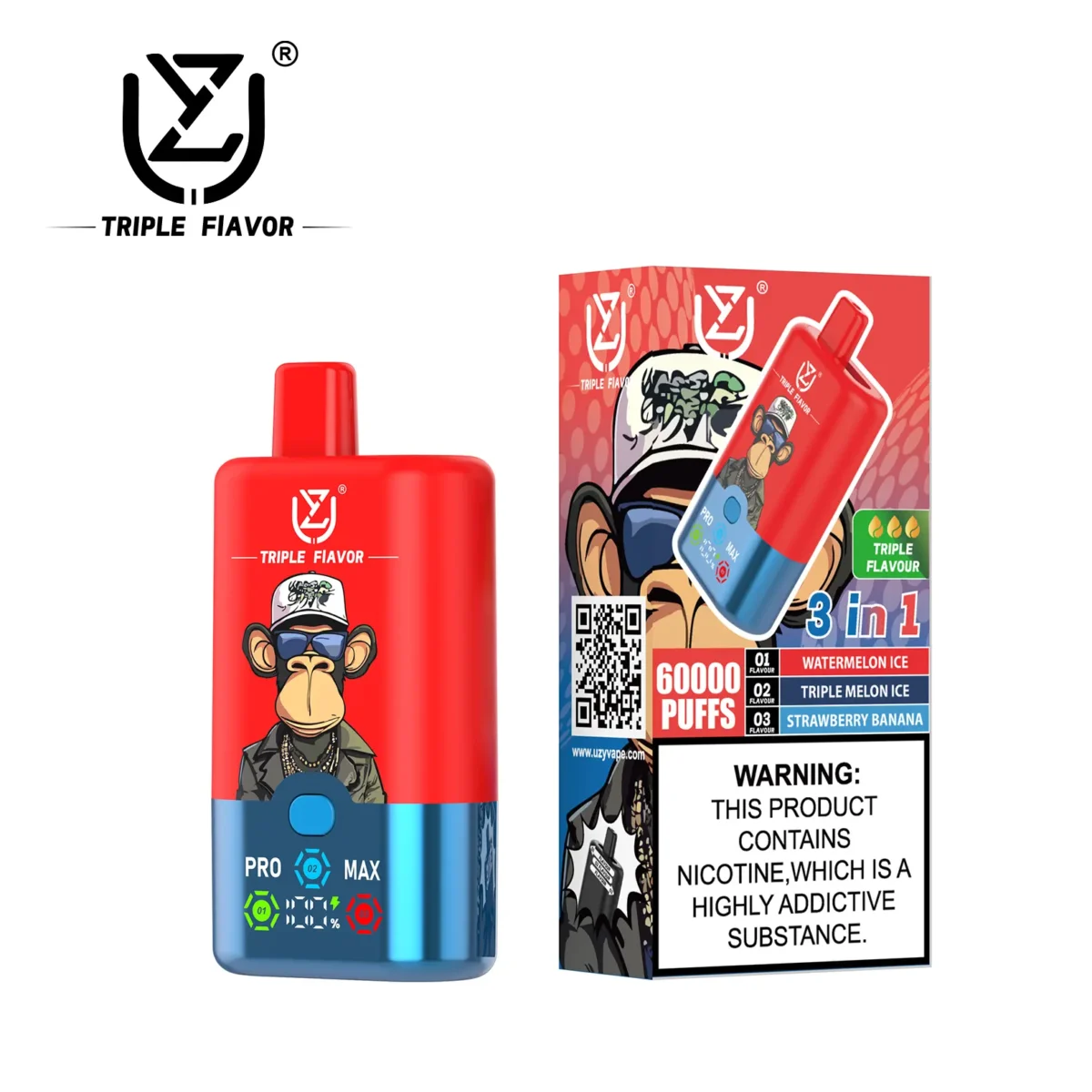 UZY Triple Flavors 60000 Puffs Disposable Vape 54ml 0-5% Nicotine LED Display - Image 3