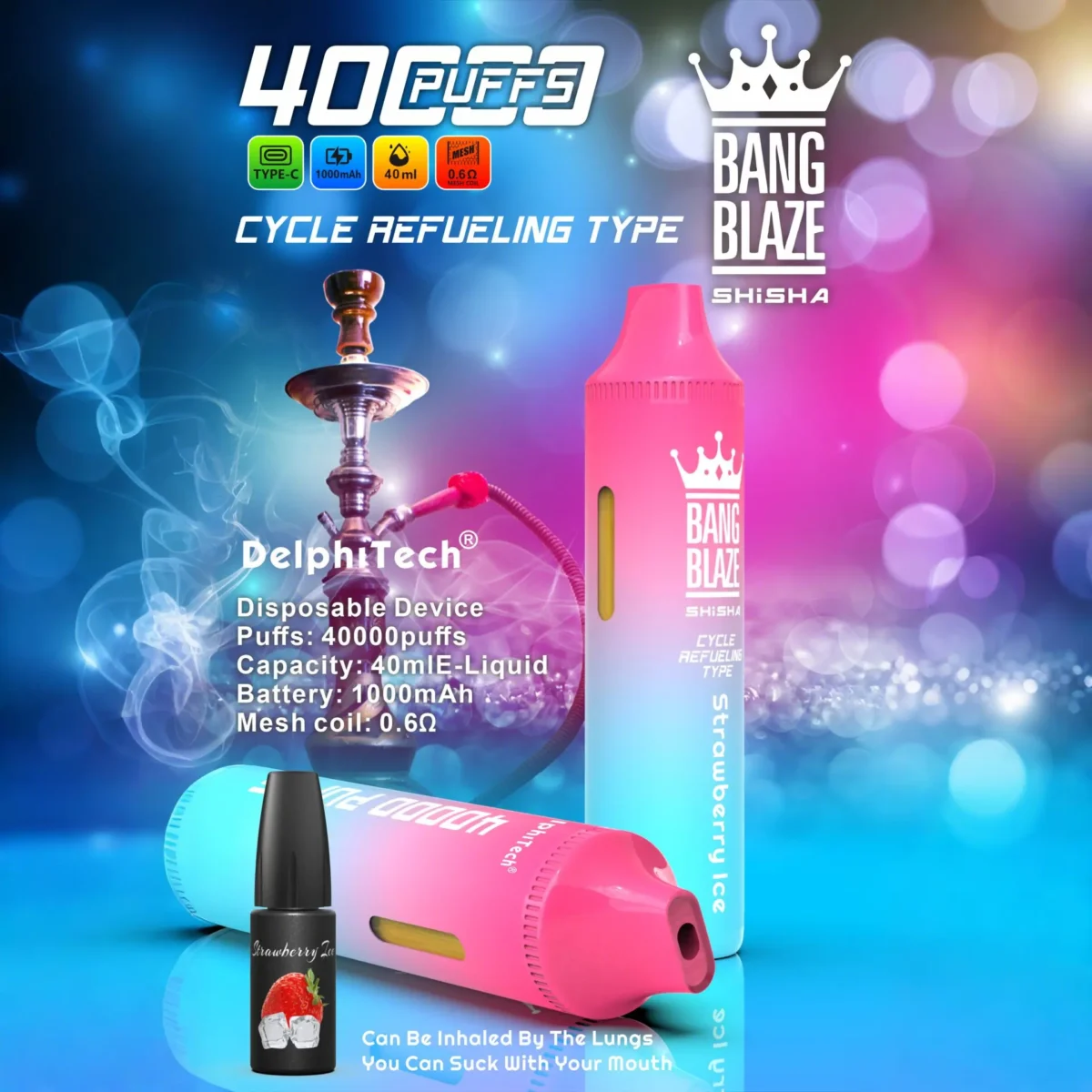 Bang Blaze Shisha 40000 Puffs Disposable Vape 40ml 0-5% Nicotine Type-C Rechargeable - Image 3