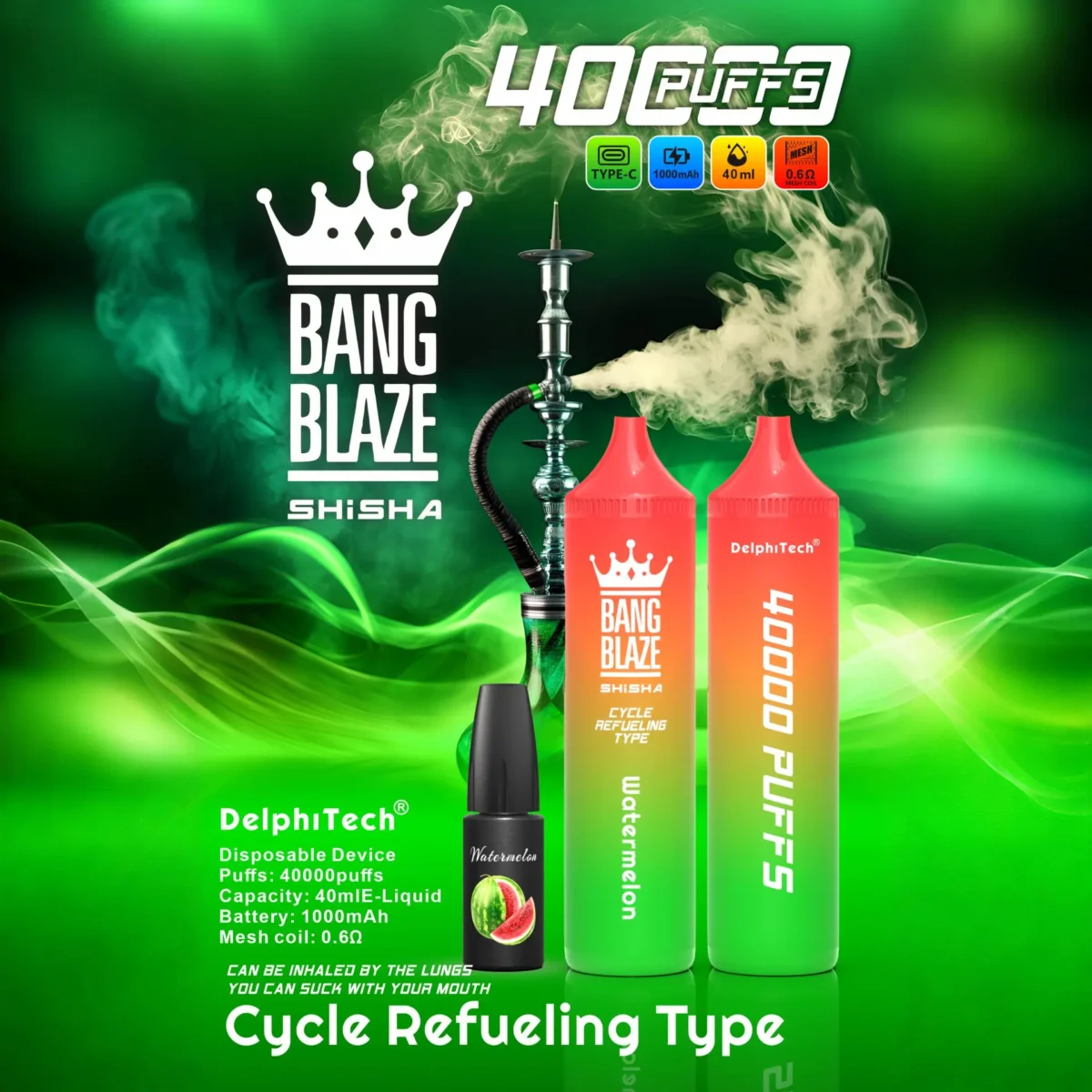 Bang Blaze Shisha 40000 Puffs Disposable Vape 40ml 0-5% Nicotine Type-C Rechargeable - Image 4