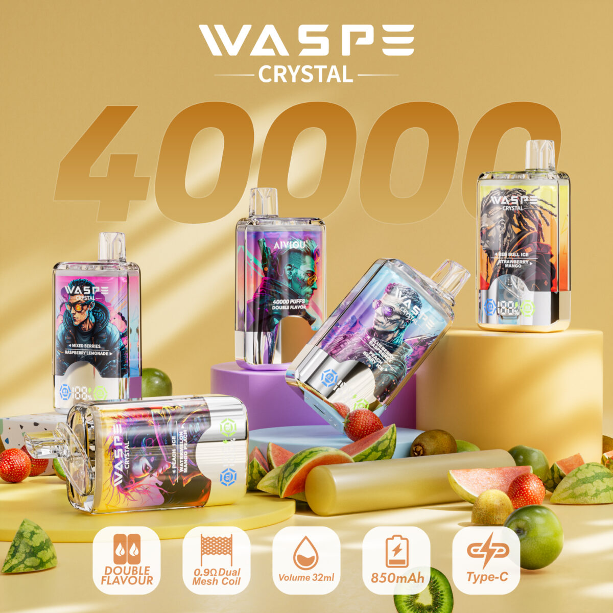 WASPE Crystal 40000 Puffs Double Flavors Disposable Vape 32ml 0-5% Nicotine - Image 1