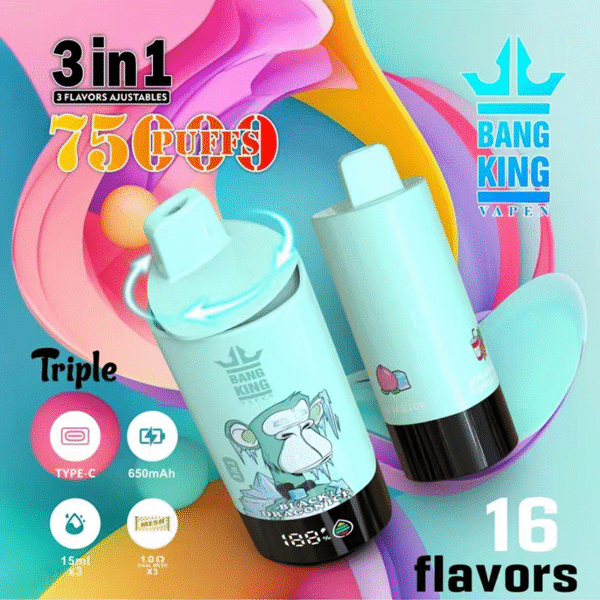 Bang King Triple 75K Puffs 3-in-1 Flavors Disposable Vape 45ml 0-5% Nicotine Type-C Rechargeable