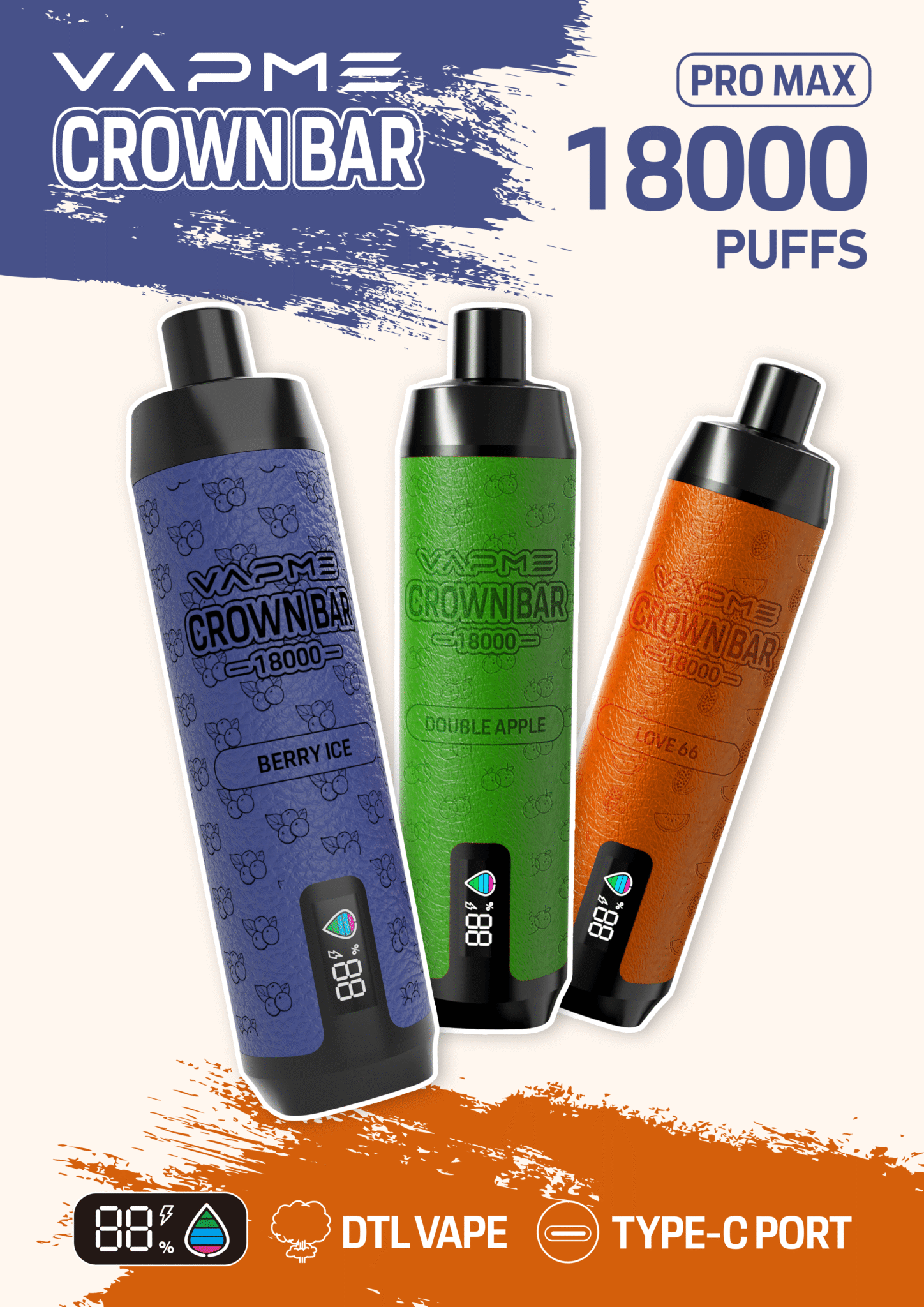 VAPME Crown Bar 18000 Puffs Pro Max Disposable Vape 25ml 0-5% Nicotine Type-C Recharge - Afbeelding 1