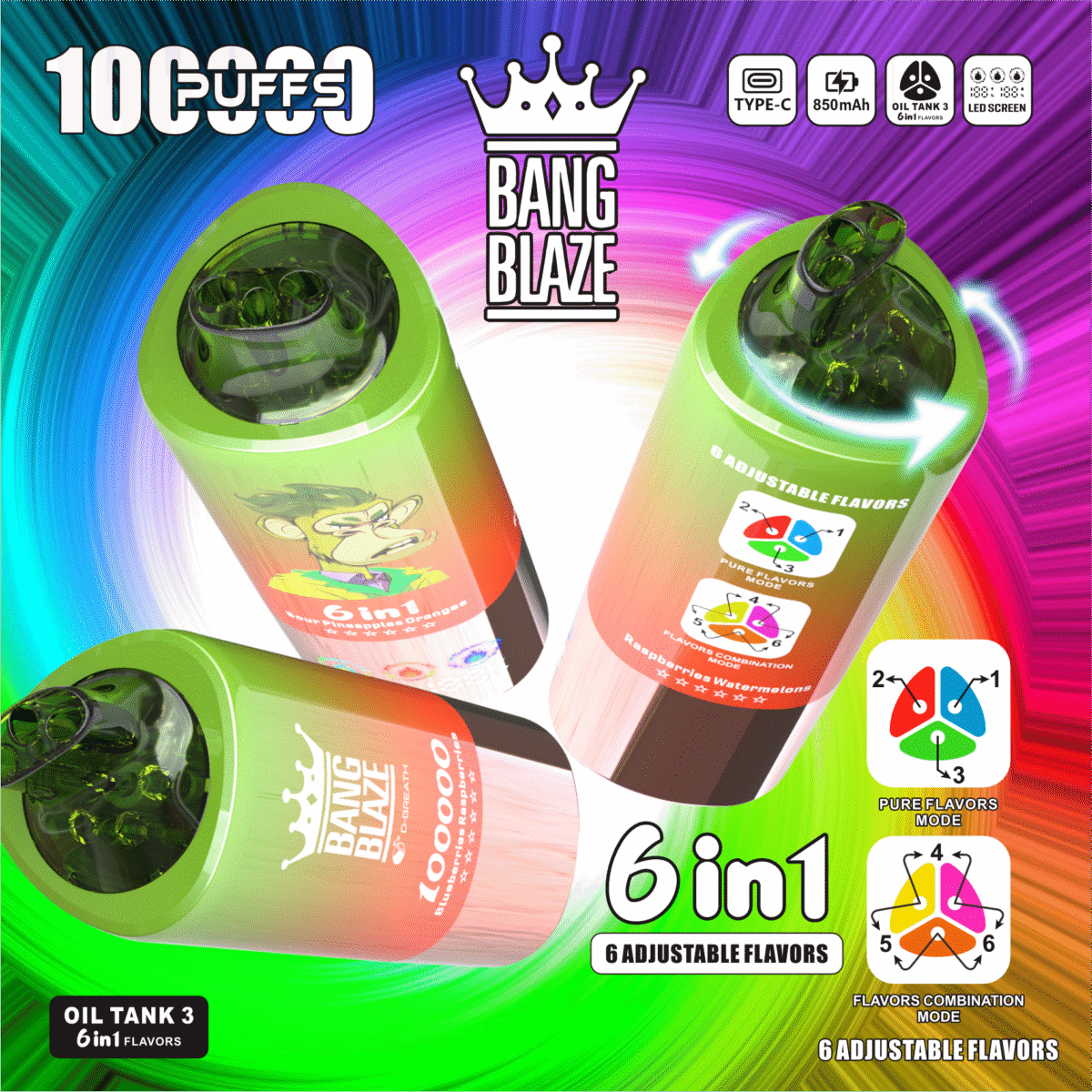 Bang Blaze 6 in 1 フレーバー 100k Puffs 使い捨て Vape 0–5% ニコチン