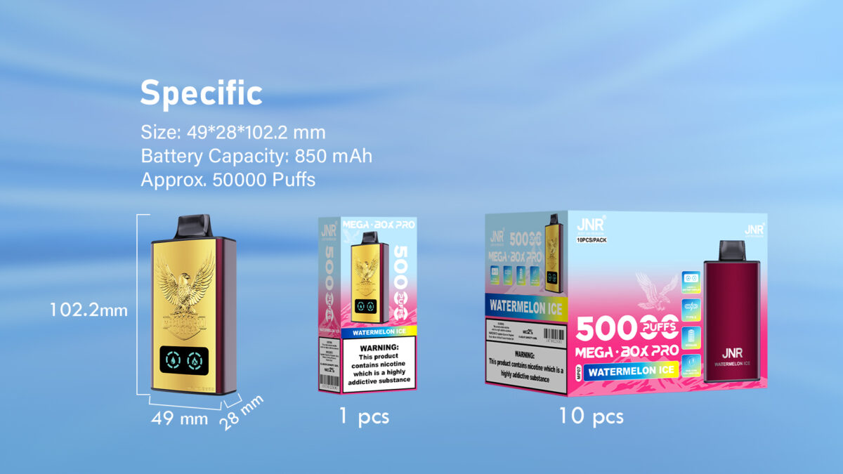 Page d'emballage de vape jetable JNR MEGA BOX PRO 50000