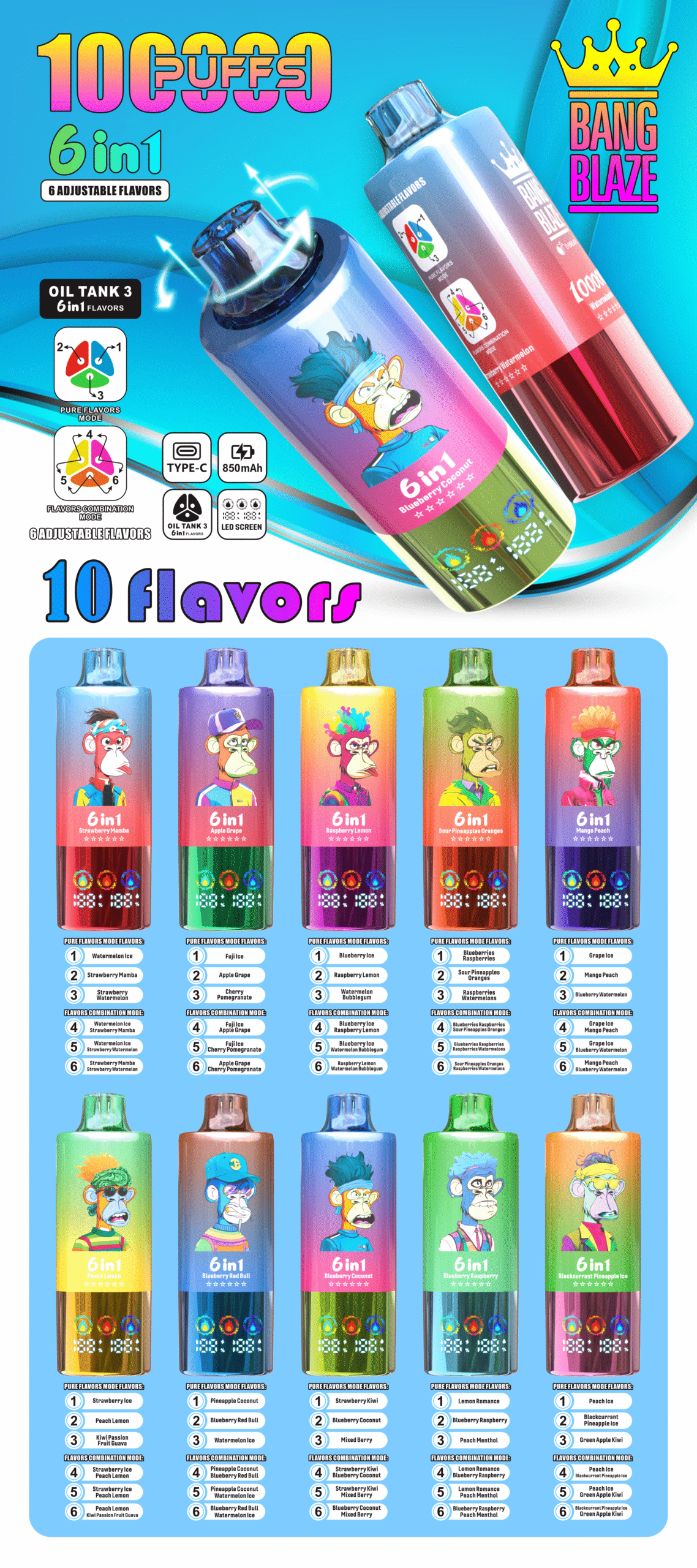 Bang Blaze 6 in 1 Flavors 100K Puffs Disposable Vape 0–5% Nicotine Flavors