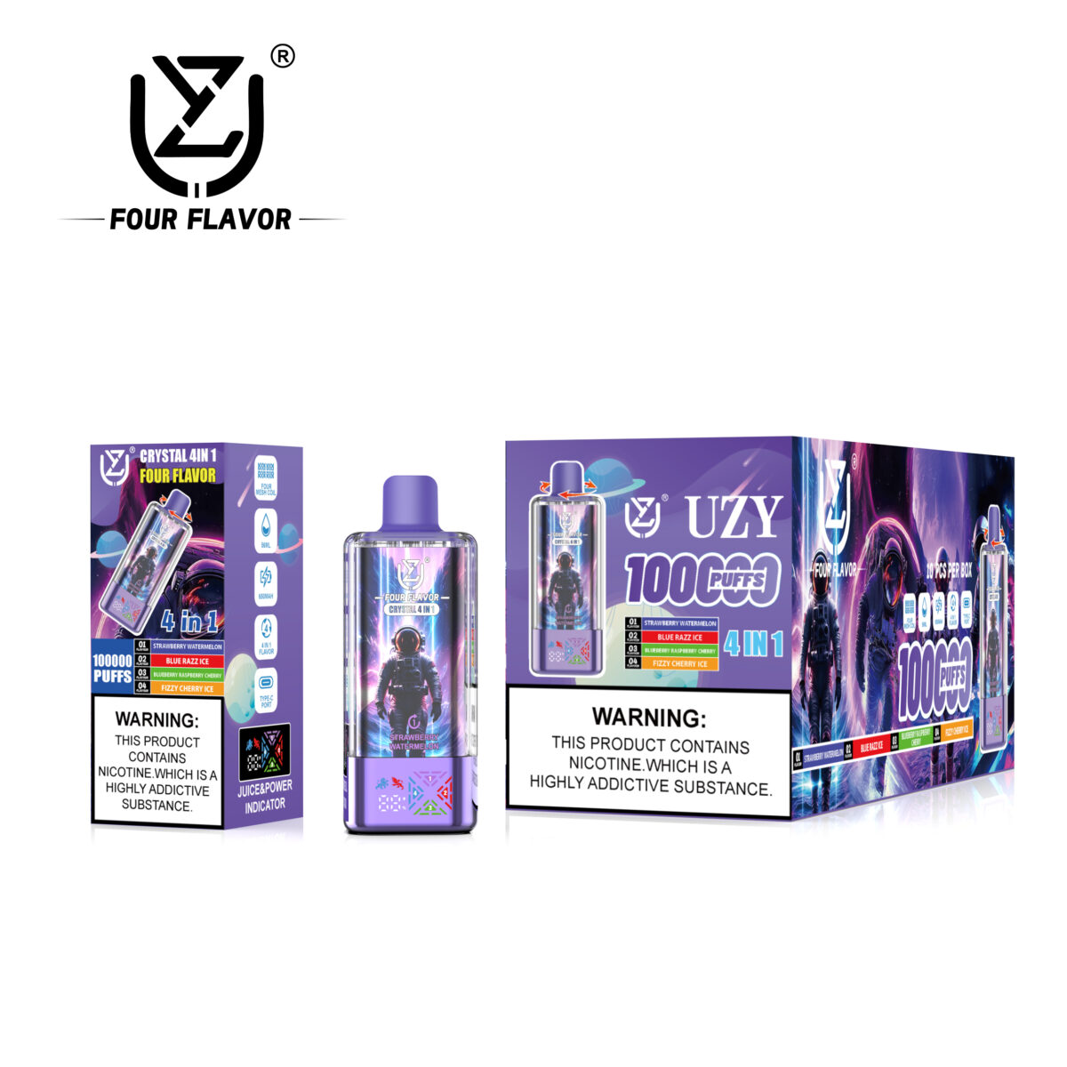 UZY Crystal 4 in 1 Flavors 100K Puffs Disposable Vape Strawberry Watermelon & Blue Razz Ice & Blueberry Raspberry Cherry & fizzy cherry Ice