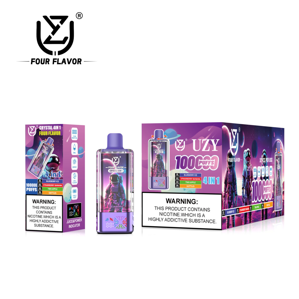 UZY Crystal 4 in 1 Flavors 100K Puffs Disposable Vape Blueberry Ice & Strawberry Banana & two apple & Skittles
