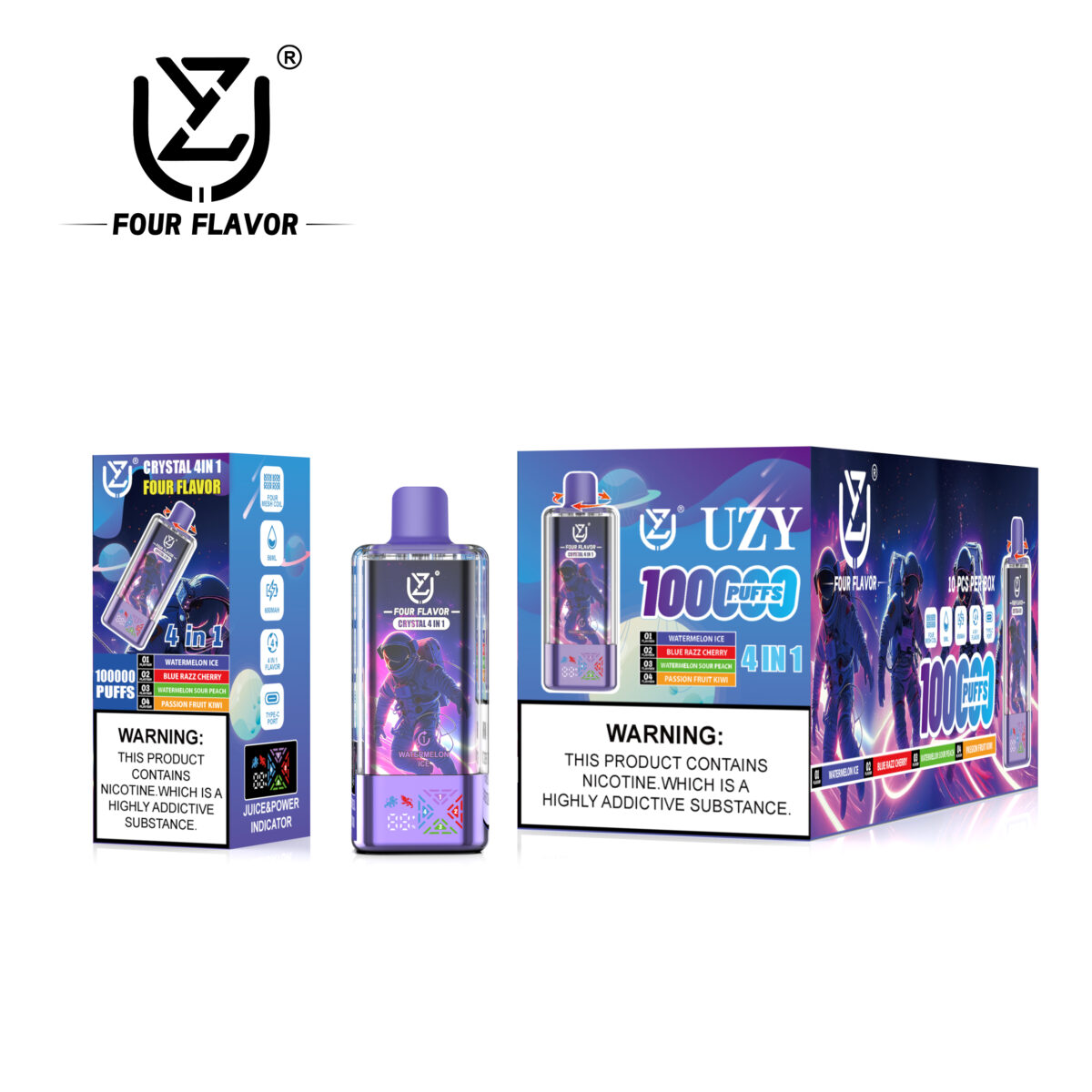 UZY Crystal 4 in 1 Flavors 100K Puffs Disposable Vape Watermelon Ice & Blue Razz Cherry & Watermelon Sour Peach & Passion Fruit Kiwi
