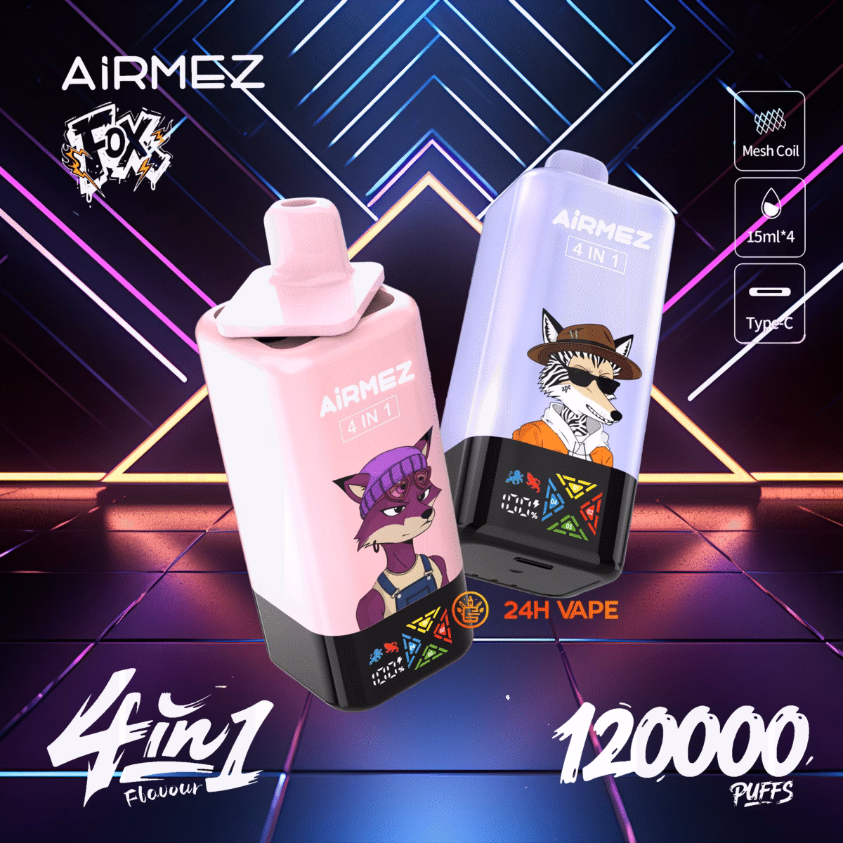 Airmez Fox 120K Puffs 4 in 1 Flavors Disposable Vape 60ML E-liquid 2% Nicotine
