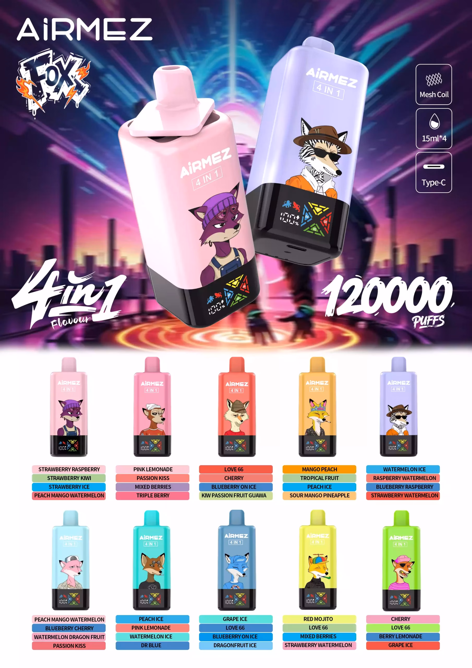 Airmez Fox 120K Puffs 4 in 1 Flavors Disposable Vape 60ML E-liquid 2% Nicotine Flavors