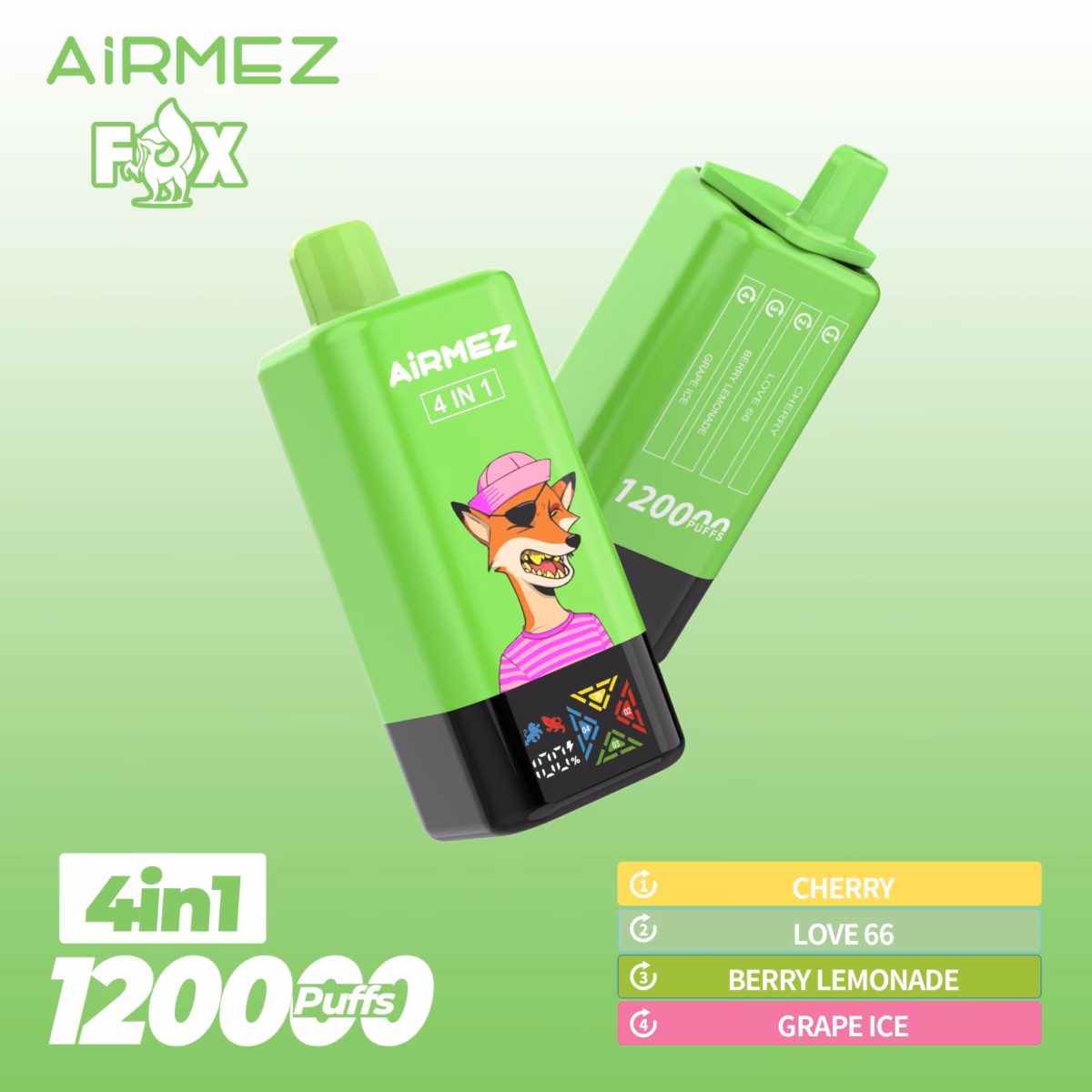 Airmez Fox 120K Puffs 4 in 1 Flavors Disposable Vape cherry-love-66-berry-lemonade-grape-ice
