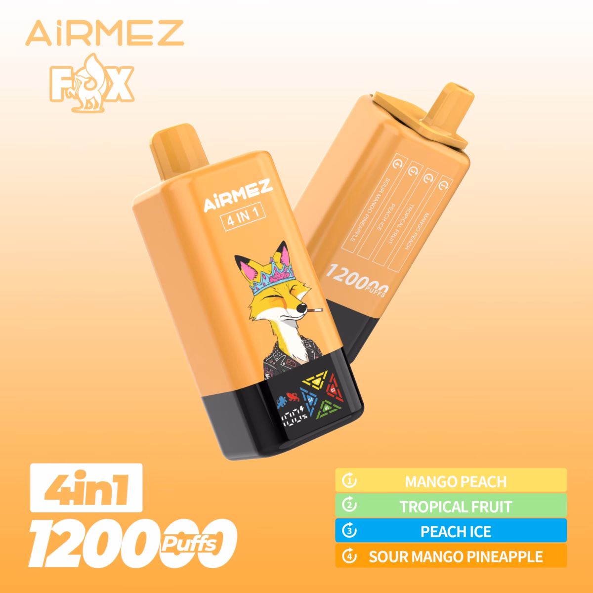 Airmez Fox 120K Puffs 4 in 1 Flavors Disposable Vape mango-peach-tropical-fruit-peach-ice-sour-mango-pineapple