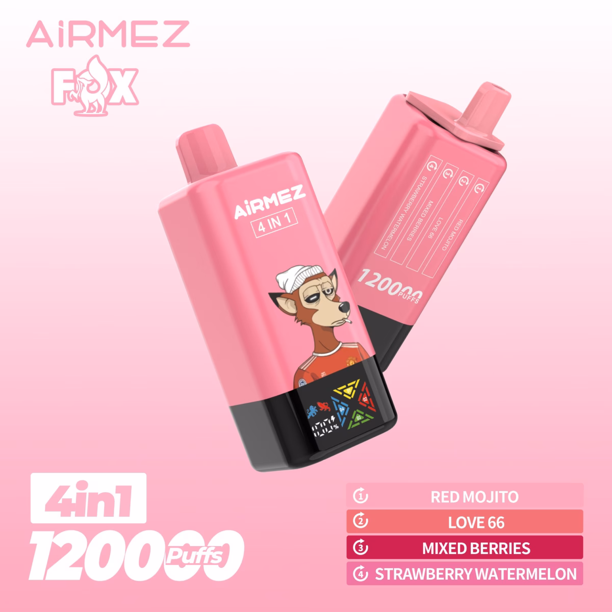 Airmez Fox 120K Puffs 4 in 1 Flavors Disposable Vape red-mojito-love-66-mixed-berries-strawberry-watermelon