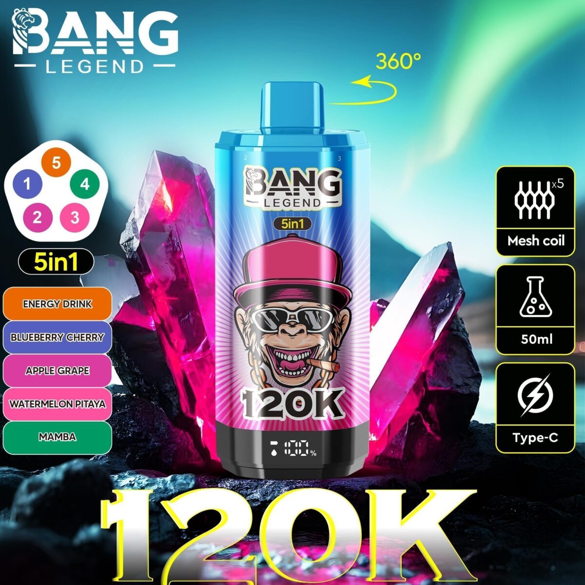 Bang Legend 120K Puffs 5 in 1 Flavors Disposable Vape 0-5% Nicotine