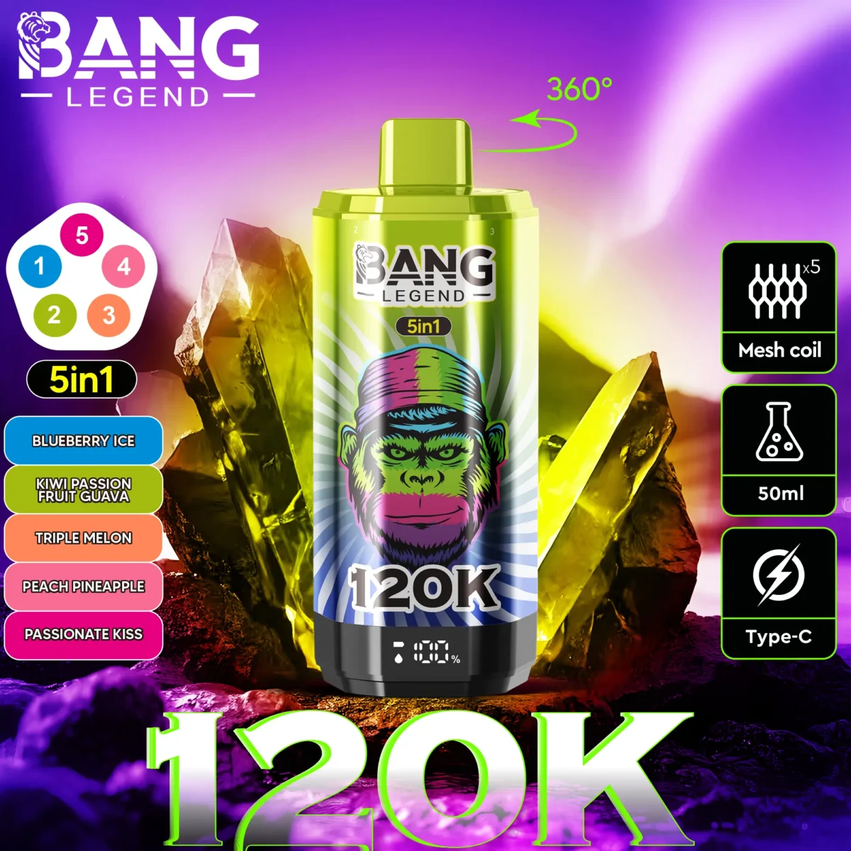 Bang Legend 120K Puffs 5 in 1 Flavors Disposable Vape blueberry-ice-kiwi-passion-fruit-guava-triple-melon-peach-pineapple-passionate-kiss