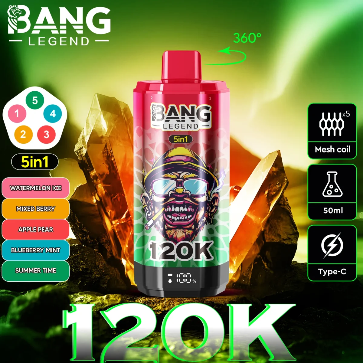 Bang Legend 120K Puffs 5 in 1 Flavors Disposable Vape watermelon-ice-mixed-berries-apple-pear-blueberry-mint-summer-time