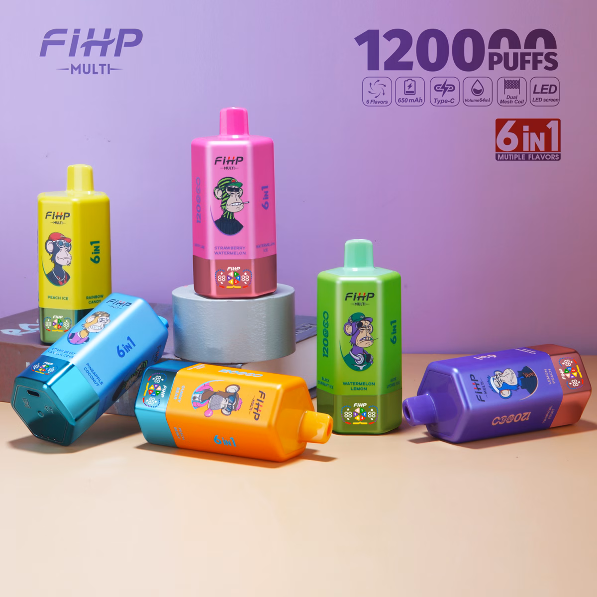 FIHP 120K Puffs Disposable Vape 6 IN 1 Flavors 2% 5% Nicotine