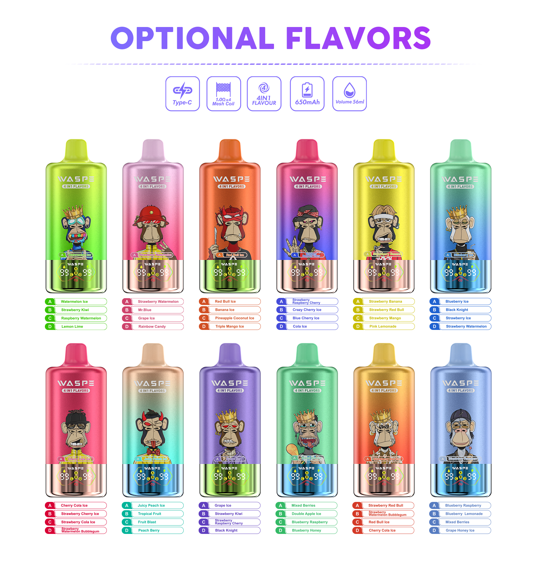 WASPE 4 in 1 Flavors 100K Puffs Disposable Vape 56ml E-liquid 0-5% Nicotine Flavors