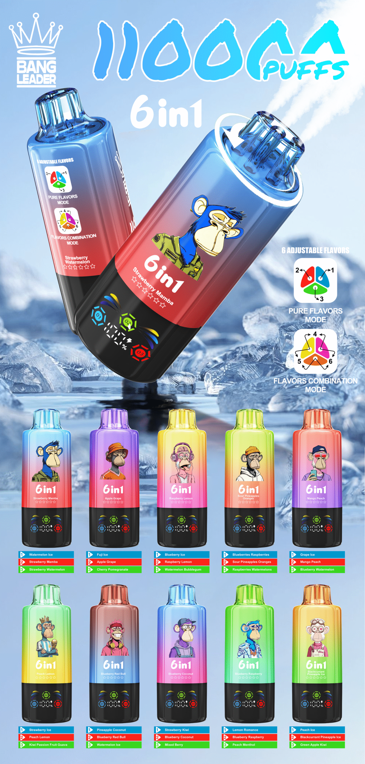 Bang Leader 6-in-1 flavors 110000 Puffs Disposable Vape 