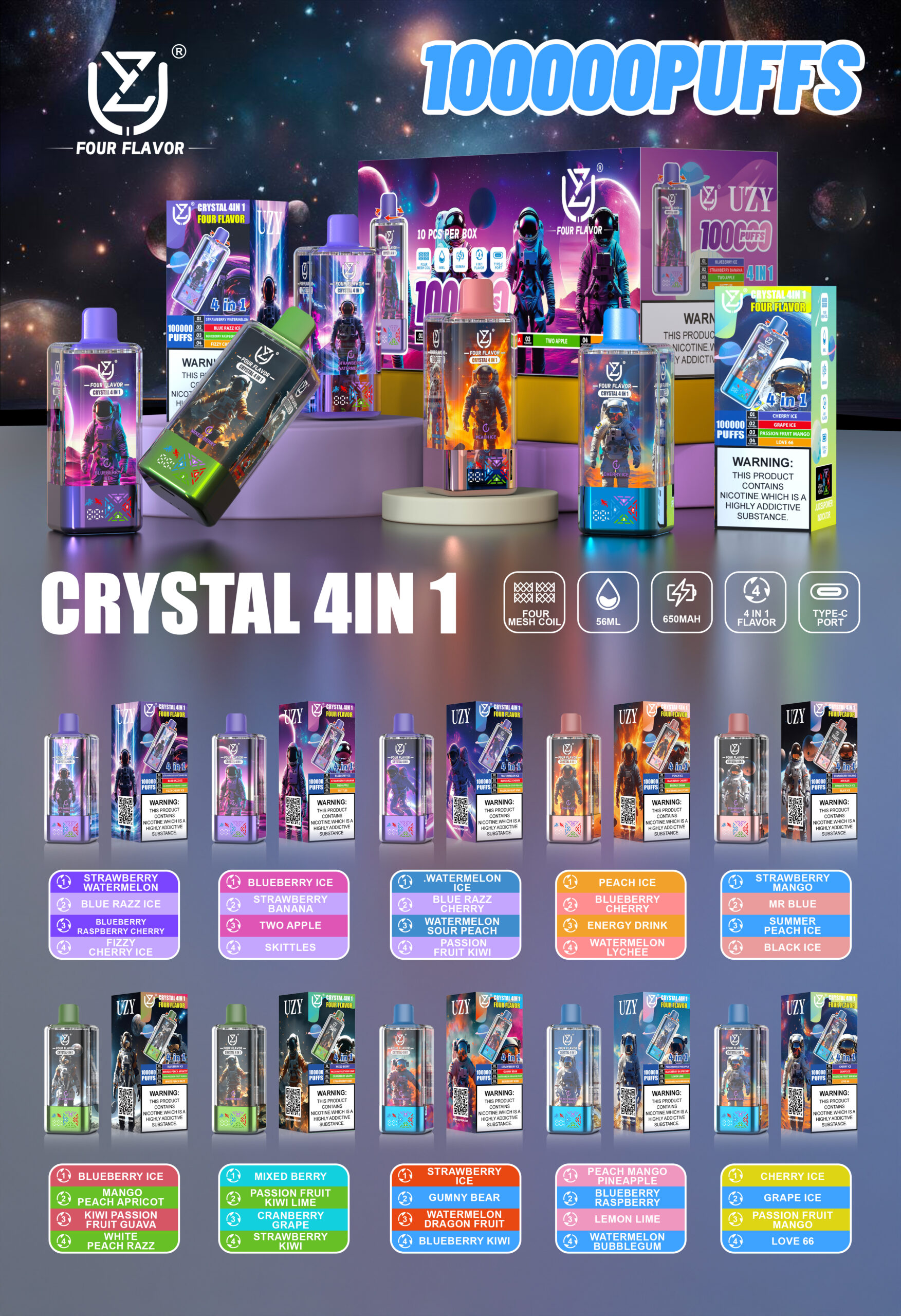 UZY Crystal 4 in 1 Flavors 100K Puffs Disposable Vape Flavors