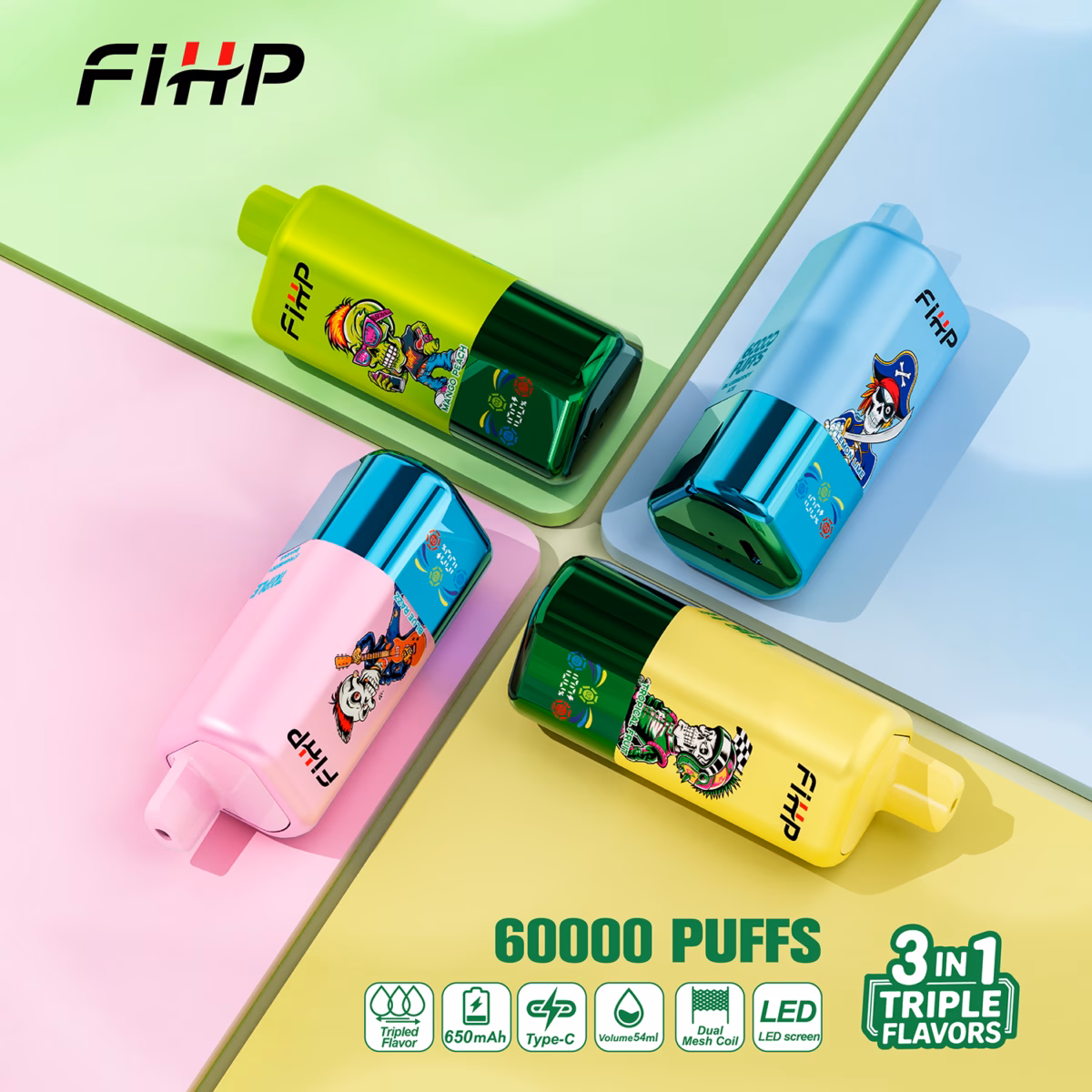 FIHP 60000 60K Puffs 3 IN 1 Flavors Disposable Vape 0-5% Nicotine 54ml E-liquid