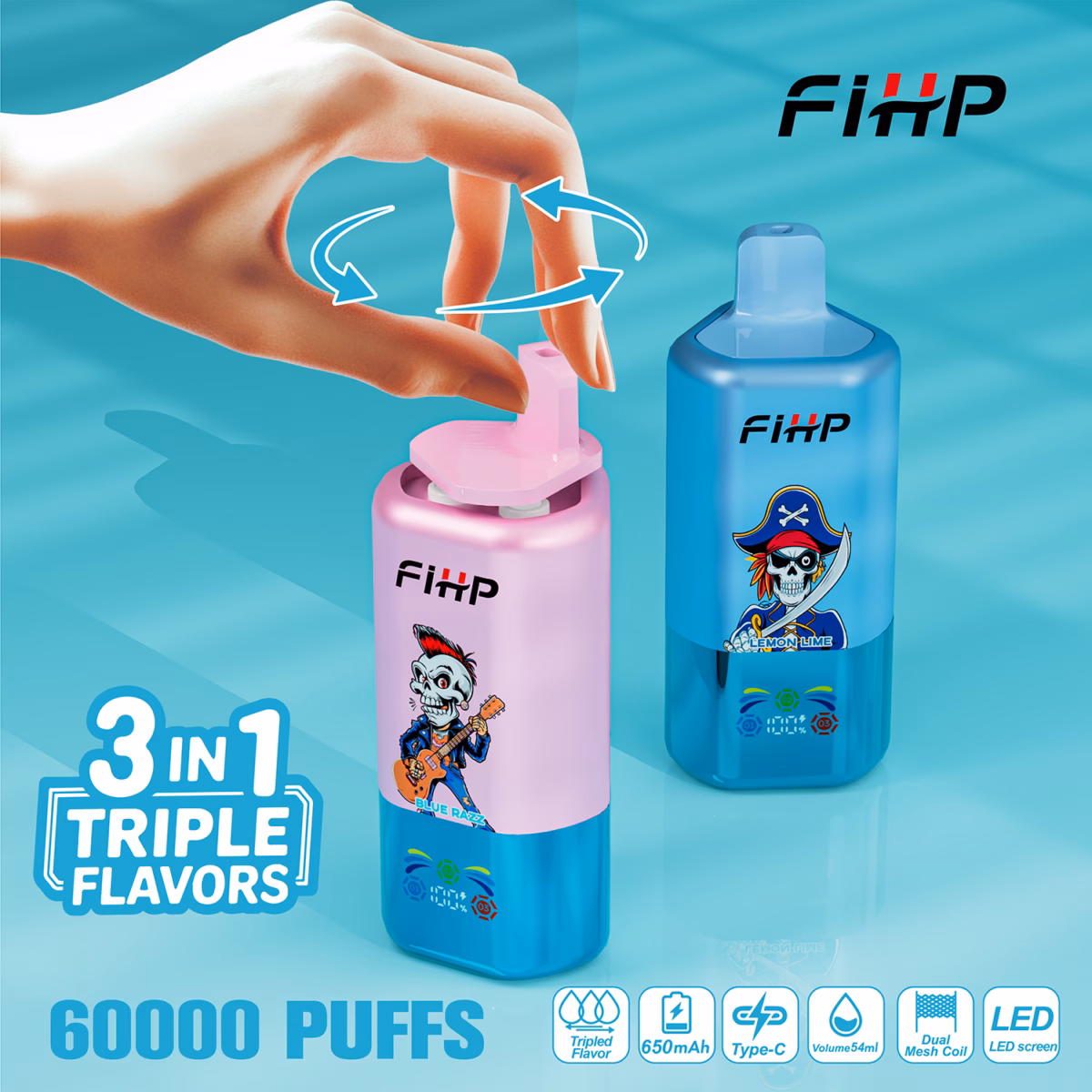 FIHP 60000 60K Puffs 3 IN 1 Flavors Disposable Vape 0-5% Nicotine