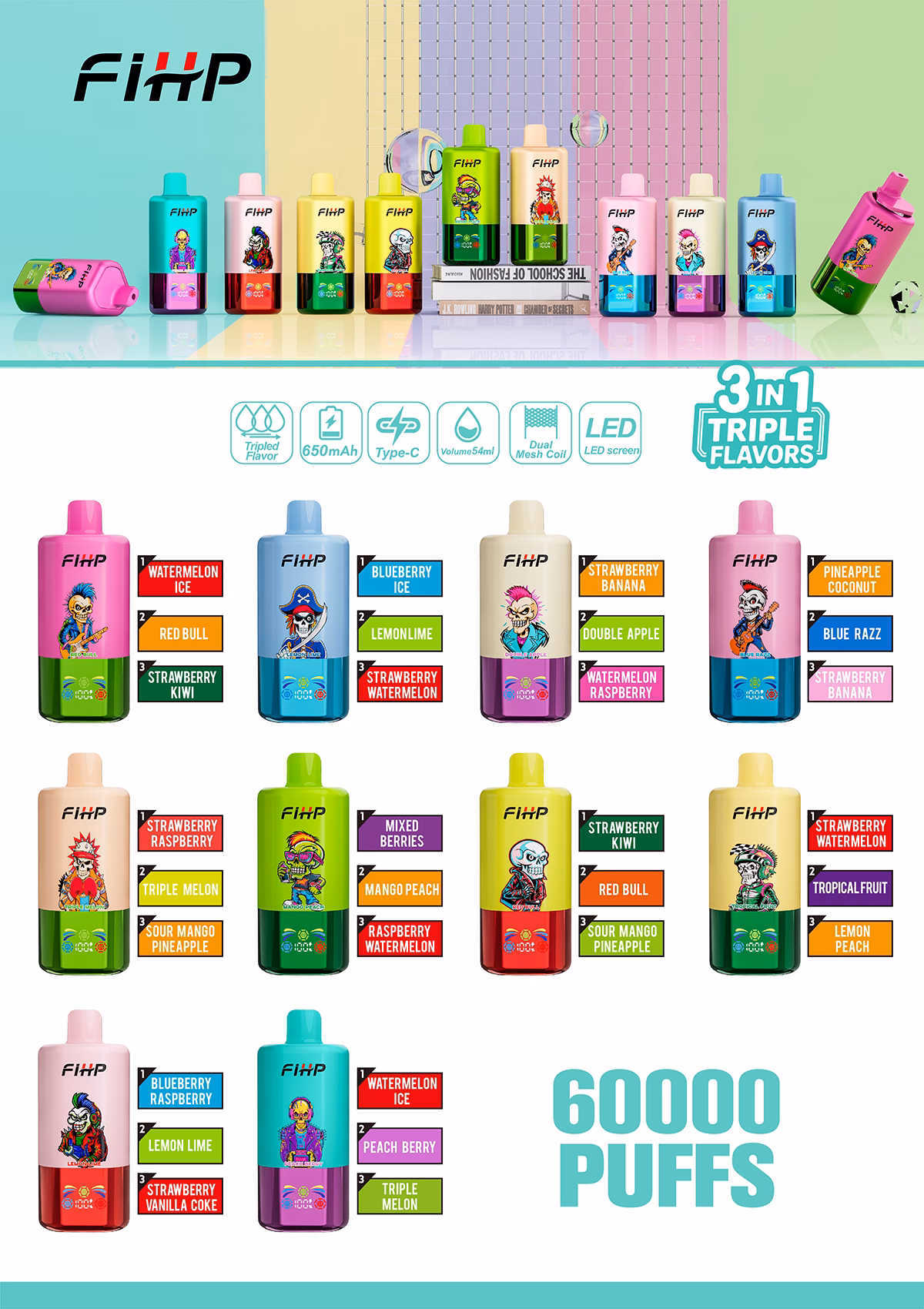 FIHP 60000 60K Puffs 3 IN 1 Flavors Disposable Vape 2% 5% Nicotine 54ml E-liquid Flavors List vapeenjoy